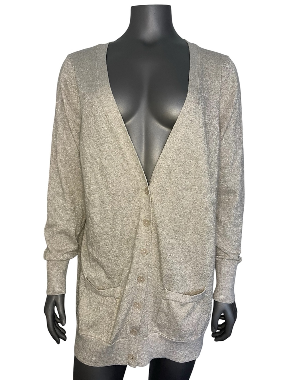 A.n.a Long Cardigan Women’s 1X Gold Metallic Long Button Up Pockets Sweater